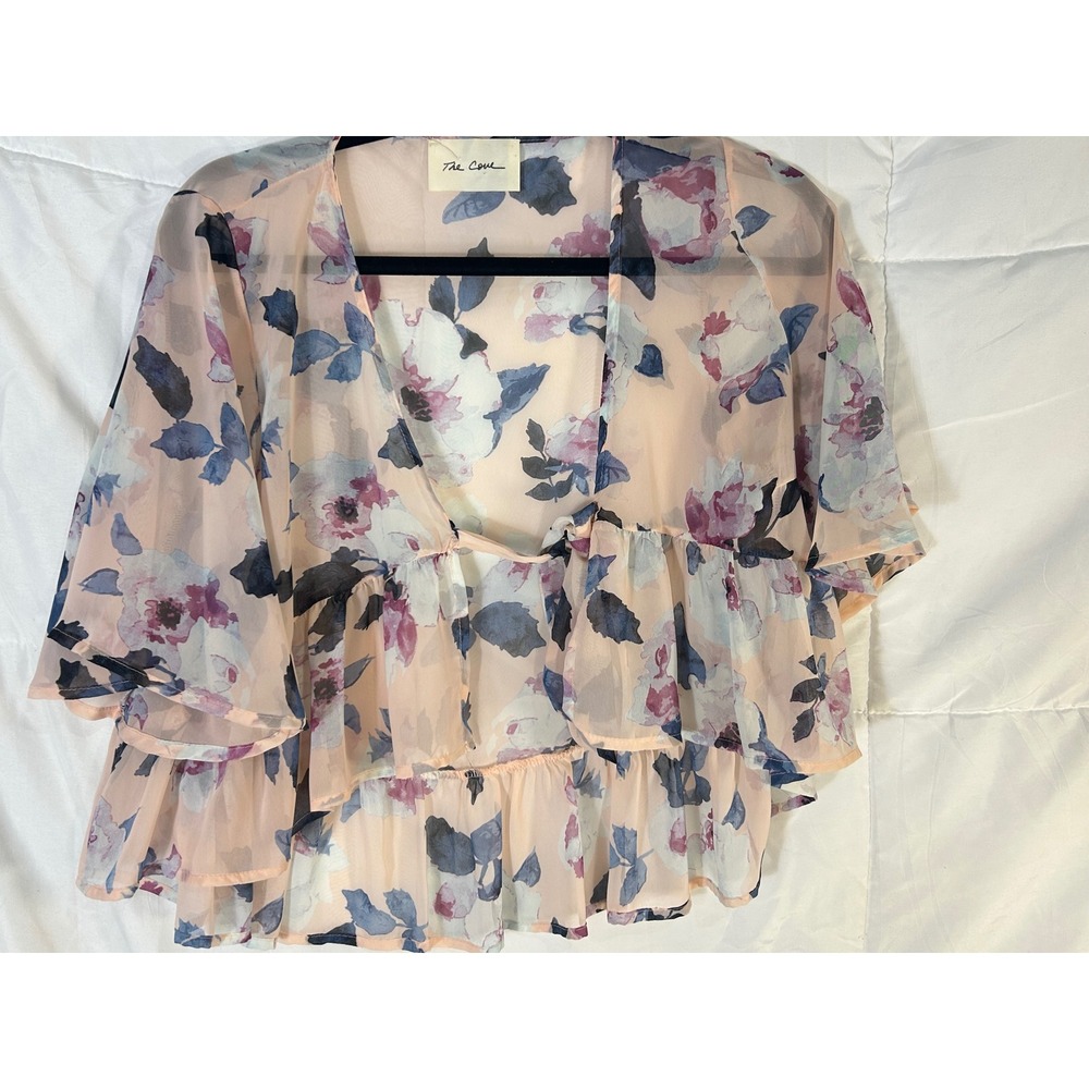 The Cove Floral Sheer‎ Kimono Cardigan Ruffle Peplum Pink Blue Womens